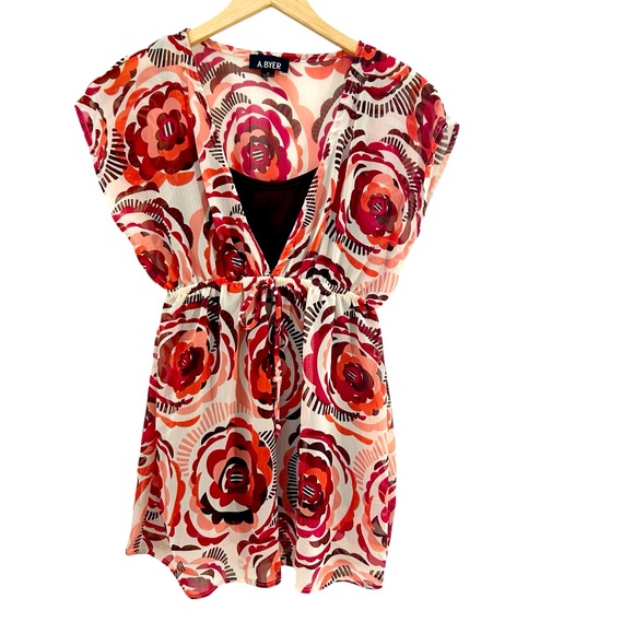 A. Byer Multicolor Rose Floral Tunic Top With Attached Brown Tank Top Size M - Picture 2 of 12
